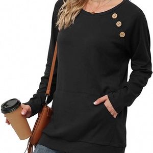 Yincro Women's Black Long Sleeve Tunic Top Fall T-shirts w/Buttons Pocket, Small
